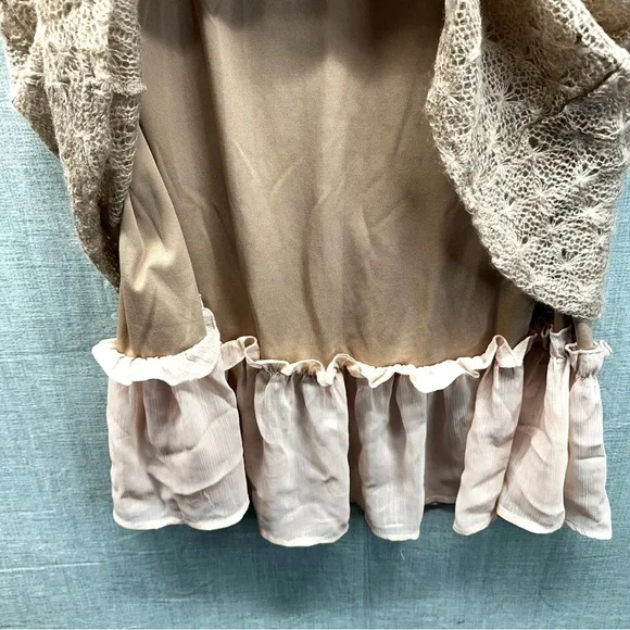 NITT By Flying Tomato Boho Crochet Lace Cowl Neck Tunic Sweater Lined Tan Large - Picture 4 of 11